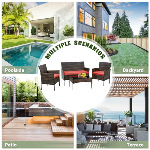 Image of PayLessHere Outdoor Furniture Set 4 Pcs Modular Patio Furniture Set Water Resistant Conversation Set with 3 Rattan Chairs 1 Tempered Glass Topped Table for Patio Poolside, Brown Wicker /Red Cushions