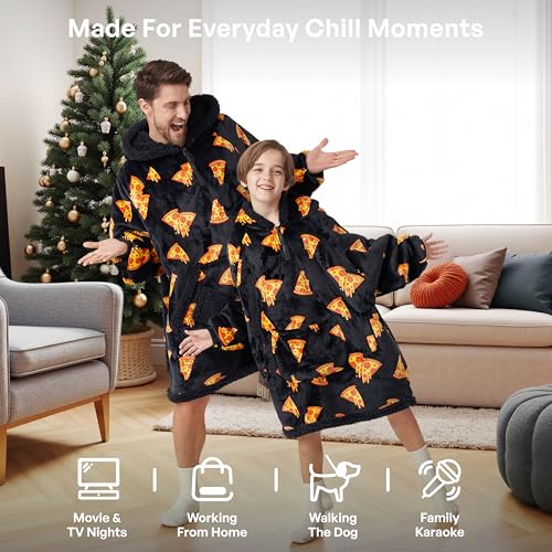 Image of Giggling Getup Wearable Blanket Hoodie for Girls and Boys Warm Cozy Sherpa Fleece Hooded Blanket Sweatshirt Oversized Hoodie with Giant Pocket & Sleeves for Kids Pizza