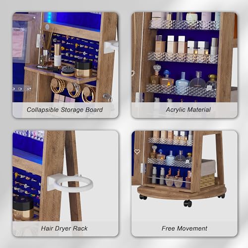 Image of HNEBC 360 Swivel Jewelry Armoire with Mirror, LED Mirror Jewelry Cabinet Standing, Full Length Mirror with Jewelry Storage, Standing Jewelry Organizer /Lockable Wheels /Foldable Makeup Shelf (Wood)
