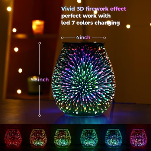 Image of Inrorans Glass Electric Wax Melt Warmer Oil Burner with Stable Heating PTC Reusable Silicone Tray 7 Colorful Changing Led Light Night Light Scent Warmer for Home Fragrance Warmers-Fireworks Timer