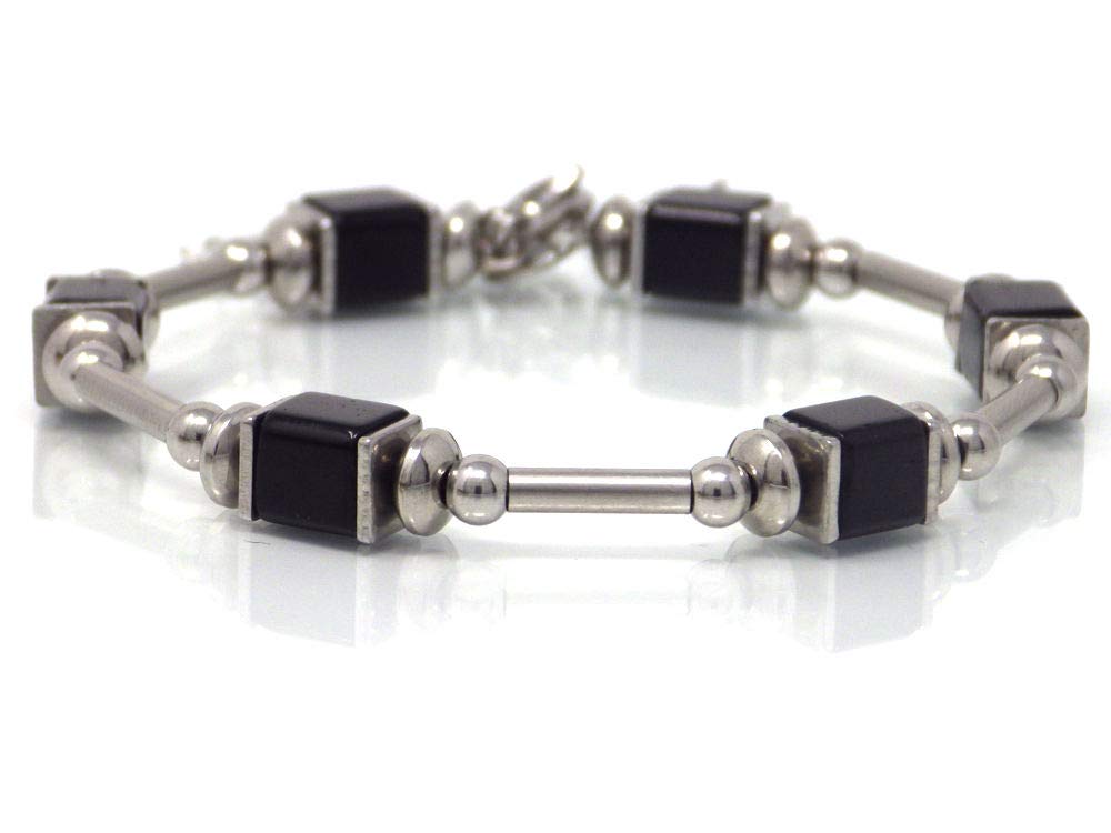 HandmadePulsera rígida de acero inoxidable para mujer con cuentas de vidrio negro