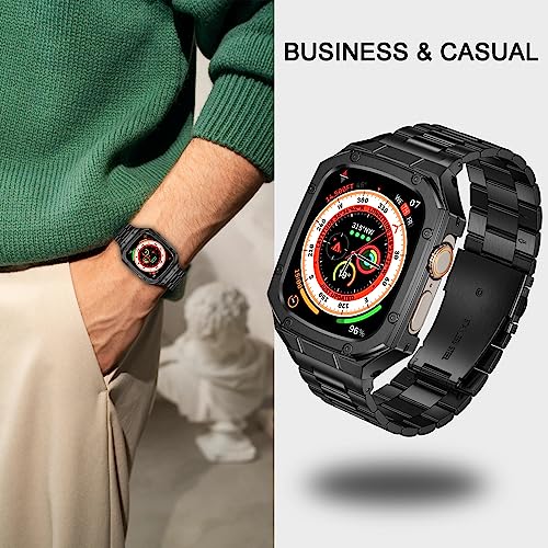 Image of BAITEYOU Stainless Steel Watch Band with Case Compatible with Apple Watch band Ultra 3 2 1 49mm, Rugged Strap with Metal Protective Bumper Cover for iWatch Bands Men (Black)
