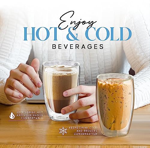Image of KELVEE Double Wall Thermal Insulated Glass Coffee Mugs Set of 2, Transparent Drinking Glasses Iced Tea Cups for Latte, Cappuccino, Mocha, Juice, Hot & Cold Beverages (350ml)