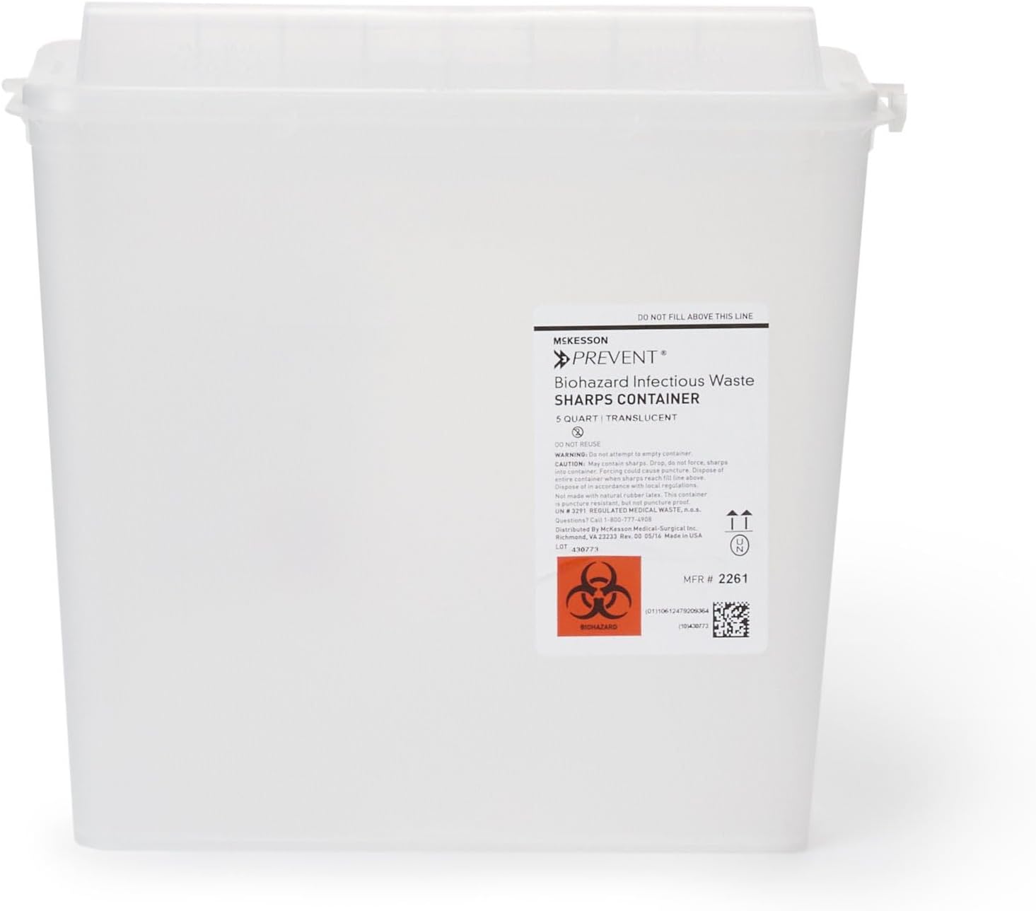 McKesson Prevent Sharps Container for Home Use, White, 1 ct | 5 Quart, for Biohazard Infectious Waste, Needle and Syringe Disposal, Translucent, Touchless Lid