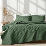 inron Quilt Set King Size, Olive Green Microfiber Ultrasonic Cal King Bedspreads, Lightweight Breathable Coverlet, Modern Geometric Pattern Thin Bedding Set for All Season (1 Quilt, 2 Pillow Shams)