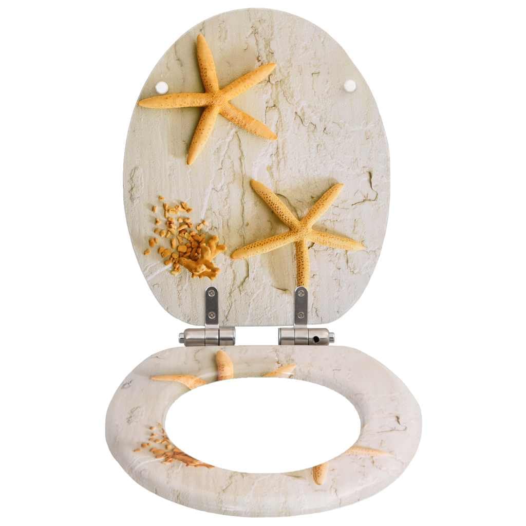 Sedile WC con abbassamento automatico, in MDF, design a stella marina, sedile WC con abbassamento automatico, robuste cerniere in lega di zinco cromato, regolabili da 12 a 20 cm, facile da montare, 2