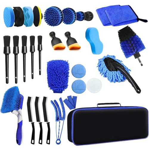 Veebmys 31 Piezas Kit Limpieza Coche, Detailing Coche, Set Lavado para Interior y Exterior, con Cepillos, Esponjas para Pulir, Paños de Microfibra y Bolsa de Transporte