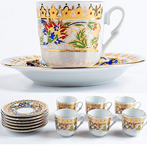 Turkish Coffee Cups Espresso Set of 6 with Saucers Arabic Mugs for Tea Accessories Porcelain 2.7 oz (Multi Color)