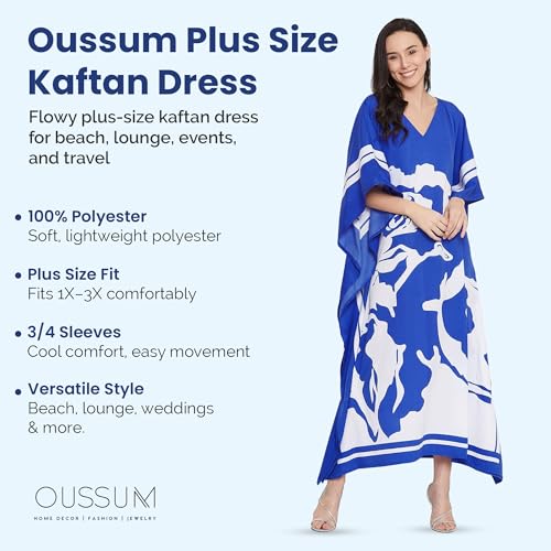 Image of Oussum Women Plus Size Dresses Kimono Caftan Maxi Dress Floral Polyester Long Mumu House Beach Cover Up 1X-3X Summer Wear