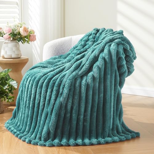 NEWCOSPLAY Super Soft Throw Blanket Light Teal Premium Silky Flannel Fleece 3D Ribbed Jacquard Lightweight Bed Blanket All Season Use (Light Teal Ribbed Throw(50x60))