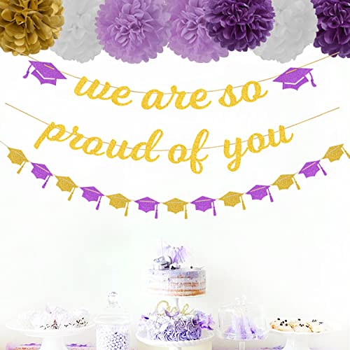 Image of Purple White-Gold Party-Decoration Graduation Banner - 8pcs Kits Cap Garland Streamers, Paper Tissue Pom Poms Flowers,We are So Proud of You Congratulations Grad 2024 Decor Lasting Surprise