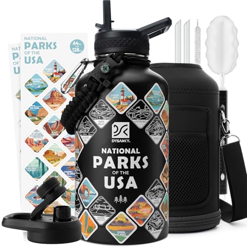 Insulated Water Bottle | Thickened Stainless Steel Vacuum Metal | Portable Sports Half Gallon Large Water Jug for Gym and Hiking with Straw, Carrier Bag, Handle Strap | BPA-Free 64 oz