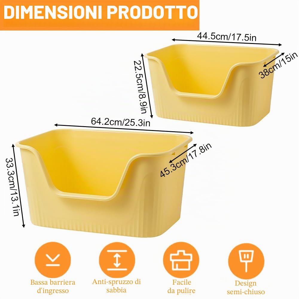 Lettiera per gatti con bordo alto, 64 x 45 x 33 cm, XXL, senza coperchio, grande lettiera per gatti, conigli, gattini (giallo, grande)