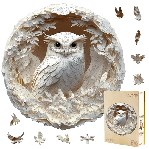 Jollitot Wooden Puzzles Adults 300 Pieces, White Owl Animal Shaped Wood Puzzle with Unique 3D Paper 