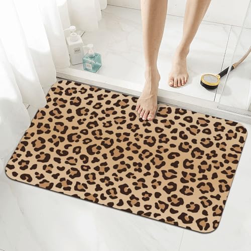 Jbofyee Leopard Print Bath Mat Rugs 15.7x23.6 in, Diatomaceous Earth Bathroom Rug Fit Under Door Rubber Non-Slip Absorbent Bathroom Mat for Bathroom Kitchen Floor, Tub and Shower Sink