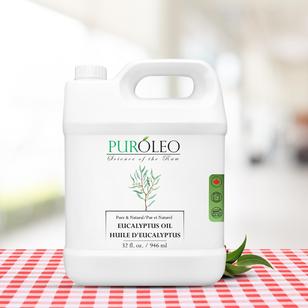 PUROLEO - Aceite esencial de eucalipto (fabricado en Canadá) 100% puro, aceite natural de aromaterapia para difusor, masaje, ducha, vaporizadores de aceite de baño (946 ml)