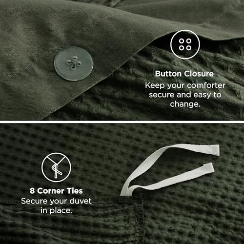 Image of Bedsure Cotton Waffle Duvet Cover Set with Fitted Sheet, King, Olive Green | Waffle Texture, Breathable, Skin-Friendly, OEKO-TEX Certified, Good Housekeeping Seal, All-Season, Machine Washable