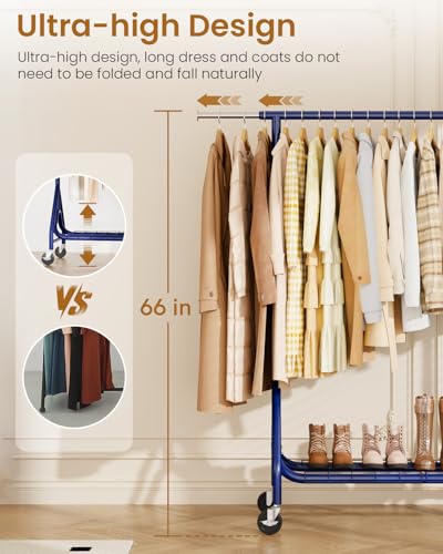 Image of Heavy Duty Clothing Rack, Metal Clothes Rack Load 450 LBS, Rolling Coat Racks for Hanging Clothes with Lockable Wheels, Wardrobe Closet Garment Racks for Bedroom, Navy Blue
