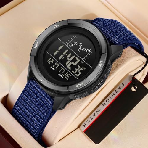 Mens Digital Watch with Nylon Strap Red Sports Wrist Watches for Men Women with Countdown LED Day Date Dual Time Display Alarm Stopwatch3