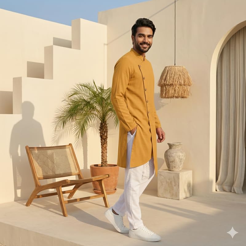 Image of OOMPH! Men's Ethnic Traditional Asymmetric Kurta Polycotton Regular Fit | High Neck Full Sleeves | Traditional Indian Festive Kurta | Stylish Casual and Wedding