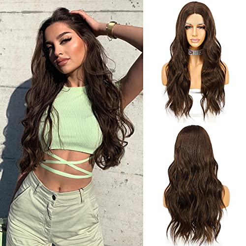 Wigoddess Long Brown Wavy Wig for Women Natural Looking Brown Synthetic Wig Daily Use Wigs Heat Resistant Fiber for Women 22 inchLace Front Wigs