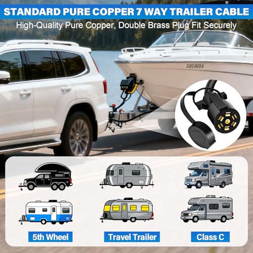 Image of 8 FT Heavy Duty 7 Way Trailer Cord Pure Copper 7 Way Trailer Plug Inline Cord 96 inch 7 Pin Trailer Wiring Harness Double Blade Molded 7 Pin Round Plug for Rvs Camper