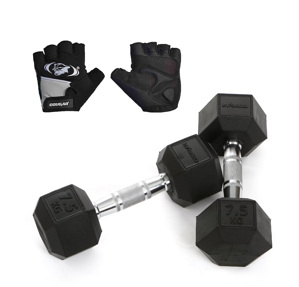 Cougar 7.5 Kg Hexa Dumbbells, Rubber Coated Hex Dumbbell Set with Pair of Leather Gym Gloves For Home Gym Exercise & Fitness - (7.5Kg x 2 Pcs + GG-105) (B0B31RQGKD) Amazon Price History, Amazon Price Tracker