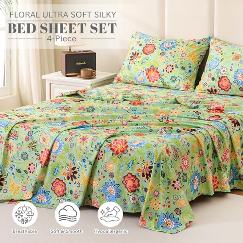 Image of Bedlifes Floral Pattern Bed Sheet Set Full Size, 16 inch Deep Pocket 4PCS | Ultra Soft Microfiber, Breathable & Silky, OEKO-TEX Certified, Easy-Care Machine Washable, 4PCS, All-Season Spring Bedding