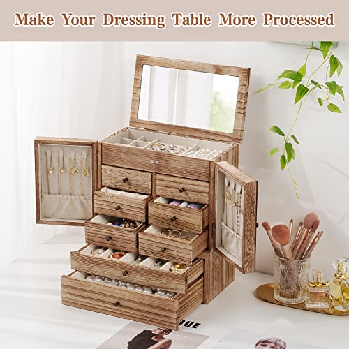 Emfogo Jewelry Box For Women Wooden Jewelry Boxes & Organizers 5-Layer Rustic Latest Large Jewelry Organizer Box 2023 With Mirror & 8 Drawers For Rings Earrings Necklaces Bracelets Women Girls Gifts #TOP6