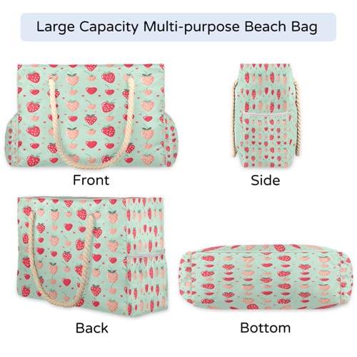Strawberry Cherry Love Beach Bag for Women Waterproof Sandproof Tote with Zipper Cotton Rope Handles for Travel Pool Gym Shopping4