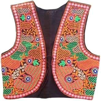 Outerwear Womens Multicolor Cotton Handmade Traditional Rajasthani Design front Embroidered Kutchi Work Jacket/Koti