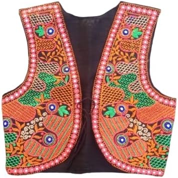 Outerwear Womens Multicolor Cotton Handmade Traditional Rajasthani Design front Embroidered Kutchi Work Jacket/Koti