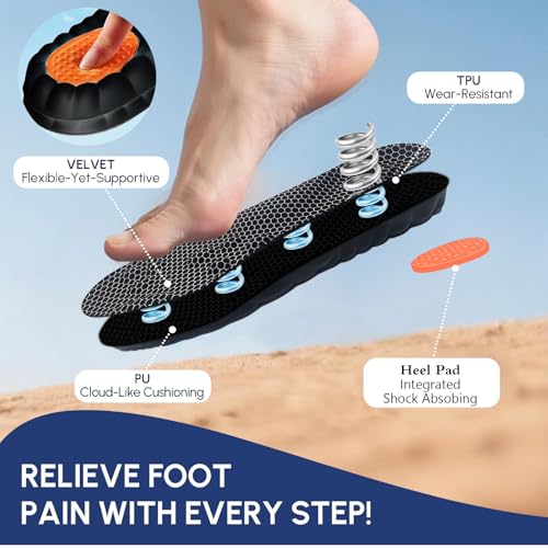 Image of 4D Cloud Steppers Insoles for Men and Women, Work Boot Cushioning Inserts | Memory Foam Super Soft Anti-Fatigue, Shock Absorption, Massage Relief Foot Pain, Arch Support (Black M12-12.5 /W13-13.5)