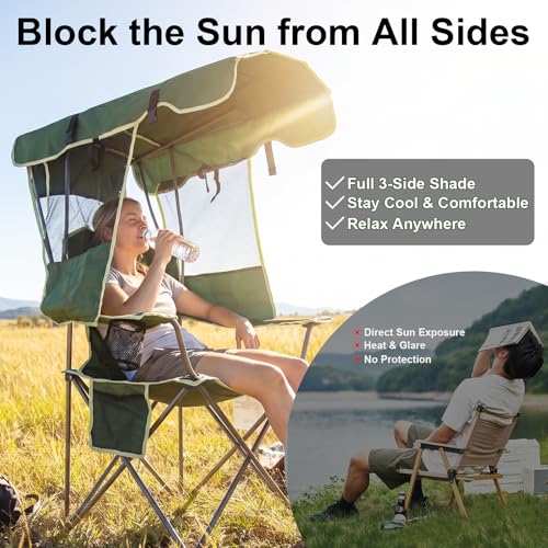 Image of Folding Canopy Beach Camping Chairs for Adult 2 Pack, Portable Outdoor Chairs with Sunshade,Cup Holder & Side Pocket for Camping, Fishing, Beach, Backyard, Green