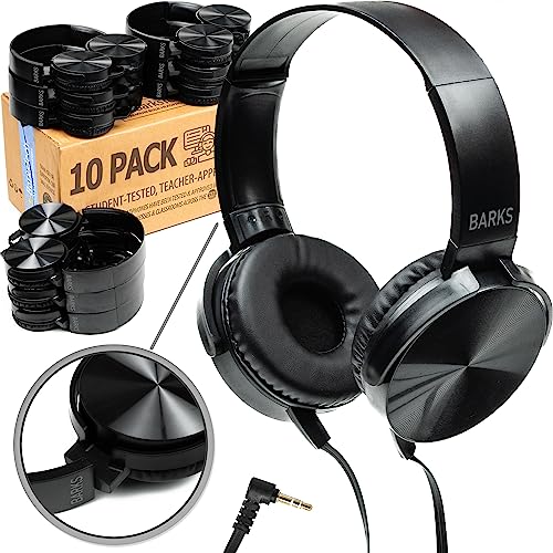 Barks Classroom Headphones (10 Pack, Stealth) - On-Ear Premium Student Bulk Headphones: Perfect for Kids K-12, Schools & Class Sets (Durable, Great Value, Noise Reducing, Comfortable, Easy-to-Clean)