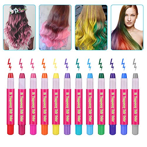 Hair Chalk Pens,Tiaoyeer 12 Colors Temporary Kids Hair Chalk Salon, Non-Toxic Washable Hair Dye Colors for Halloween Christmas Birthday Party, Cosplay, Concert (12 Colors) - Thumbnail 6