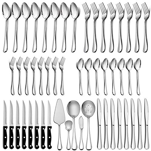 LIANYU 53-Piece Silverware Set with Steak Knives and Serving Utensils, Stainless Steel Flatware