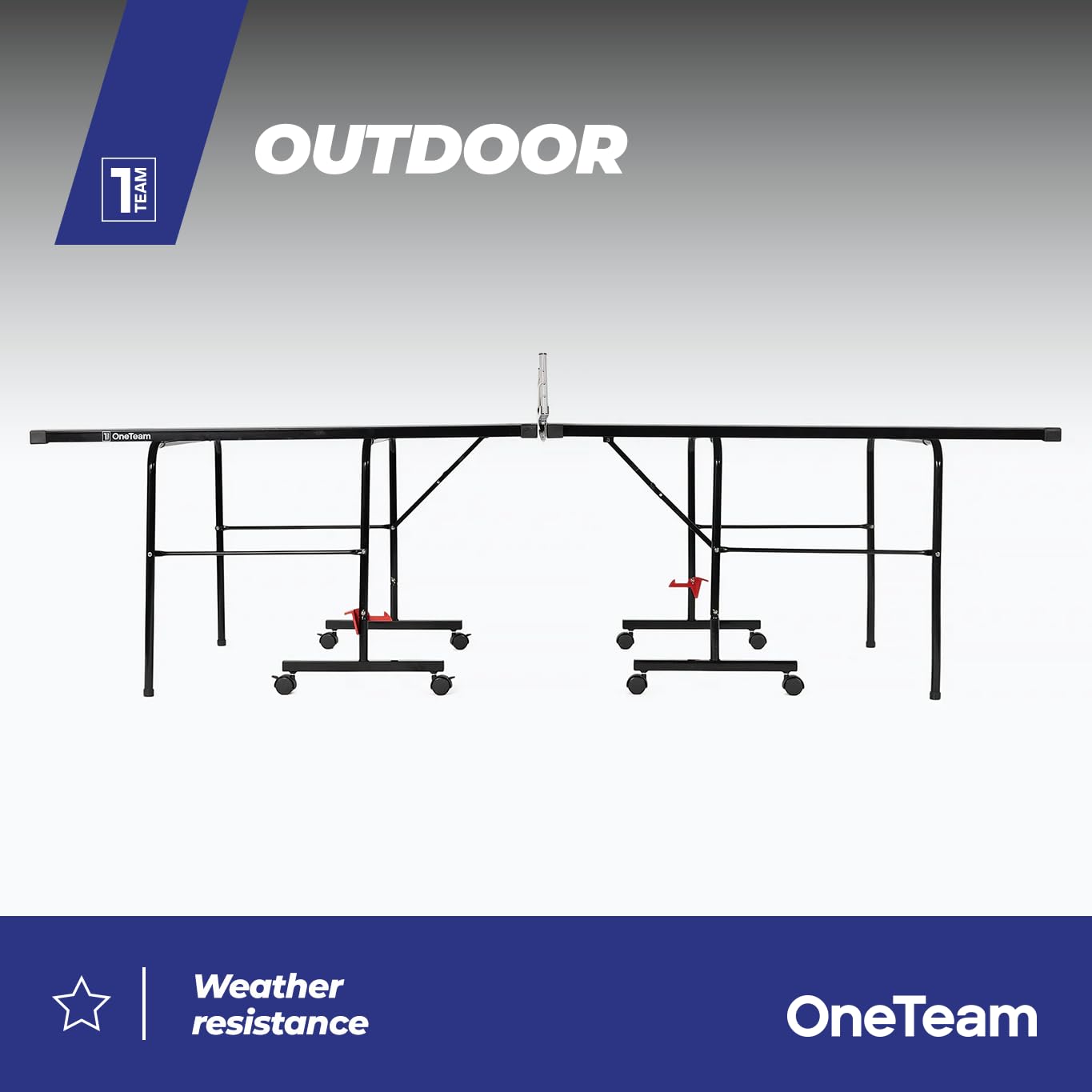 OneTeam Table de Ping Pong avec des Dimensions de 274x152.5x76 cm pour Jouer en Extérieur avec Filet Plateaux Pliables Roues de Transport avec Fonction de Blocage Bleu Clair
