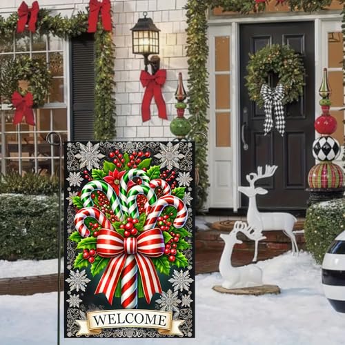 Image of BlissYard Christmas Candy Cane Garden Flag 12x18 Inch Polyester | Double sided polyester, Christmas candy cane holly plaid design, classic holiday decor for holiday porch and yard