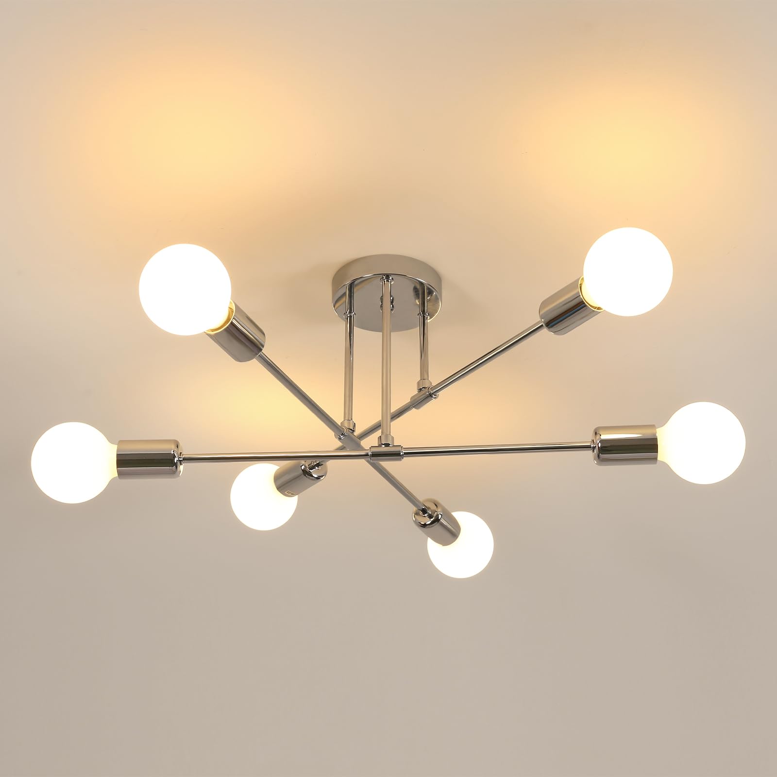 Goeco Industrial Vintage Ceiling Light, Galvanised Metal Ceiling Light Chandelier with 6 E27 Sockets for Living Room, Dining Room, Kitchen, Hallway, Chrome, Diameter 60 cm ⟮Without Bulbs⟯