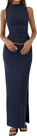 BTFBM Summer Two Piece Skirt Set for Women 2025 Dressy Lightweight Sleeveless Knit Top Going Out Split Maxi Skirt Set