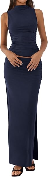 BTFBM Summer Two Piece Skirt Set for Women 2025 Dressy Lightweight Sleeveless Knit Top Going Out Split Maxi Skirt Set