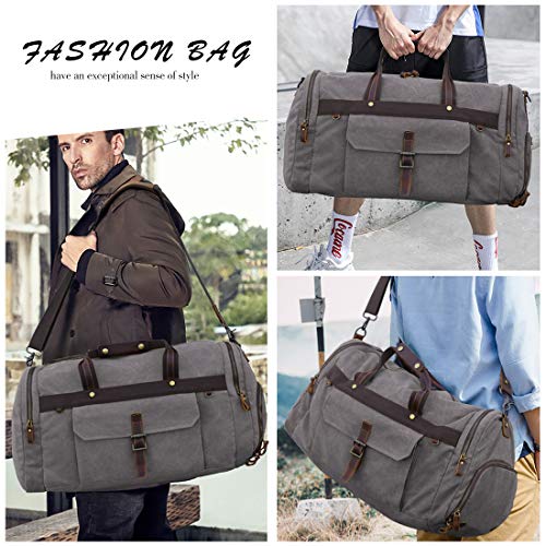 Travel Duffel Bag Waterproof Duffle Bags for Men Oversized Genuine Leather Carryon Weekend bag Canvas Overnight Bag Grey