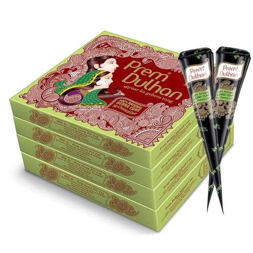 Image of Prem Dulhan Hand Designing | Without Chemical | Long Lasting | For Men Women | Of 12 Pieces | Natural Mehandi Cone - 350 GRM (Pack of 4)