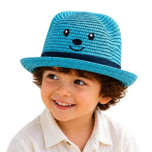 Image of VRITRAZ Kids Straw Hat for Baby Boys & Girls | Printed Summer Sun Hat, Woven Wide Brim Beach Cap, Lightweight Breathable Holiday Travel Picnic Outdoor Fancy Dress Fashion Hat for Children & Toddler