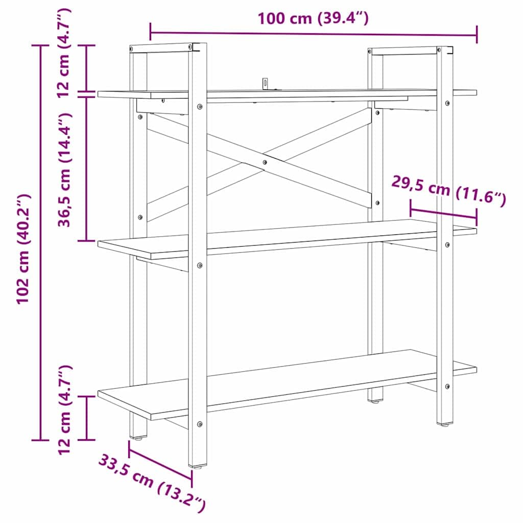 Libreria a 3 livelli, 100 x 33,5 x 102 cm, in legno, con robusto telaio in acciaio e piedini regolabili, per soggiorno, studio, biblioteca e altro ancora