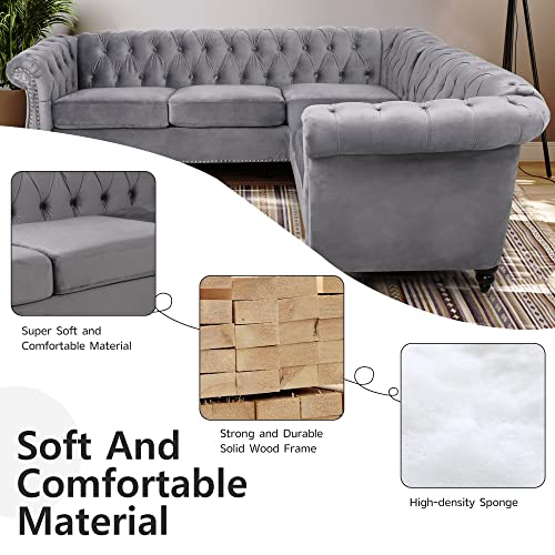 Image of QHITTY L-Shaped Sofa, Sectional Chesterfield Couch 5-Seater Velvet Upholstered Small Accent Tufted Sofa with Rolled Armrest and Nailhead Design for Living Room, Apartment, Office (Grey)