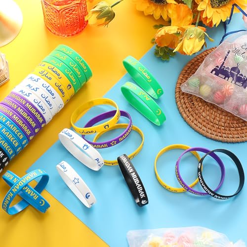Image of Landical 60 Pcs Eid Al Adha Silicone Bracelets Ramadan Mubarak Kareem Motivational Rubber Wristbands Colored Silicone Bracelets Muslim Gifts Ramadan Festival Party