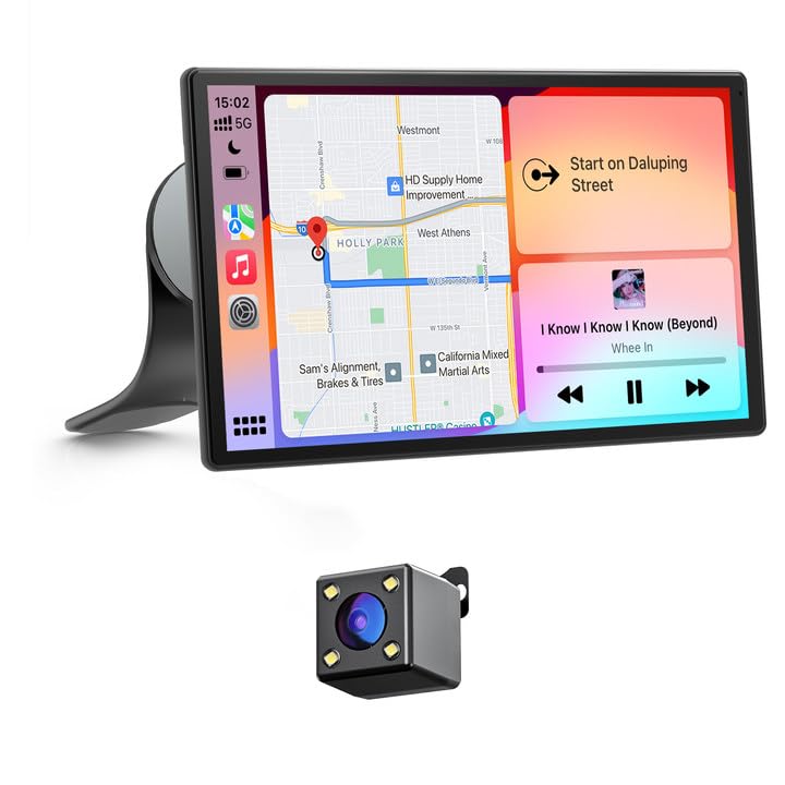 Avylet Carplay - Pantalla para coche Andriod de 9 pulgadas con cámara de copia de seguridad impermeable IP67, estéreo para coche Bluetooth, navegación GPS, control de voz, Bluetooth, AUX, FM