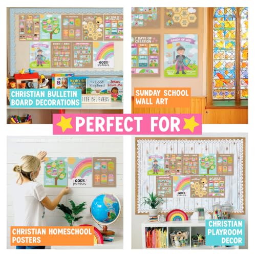 Image of Hadley Designs Sunday School Decorations for Classroom -9 Bible Posters for Kids, Books of the Bible, 10 Commandments, Bible Timeline Chart, Fruits of the Spirit, Kraft Christian Classroom Decor
